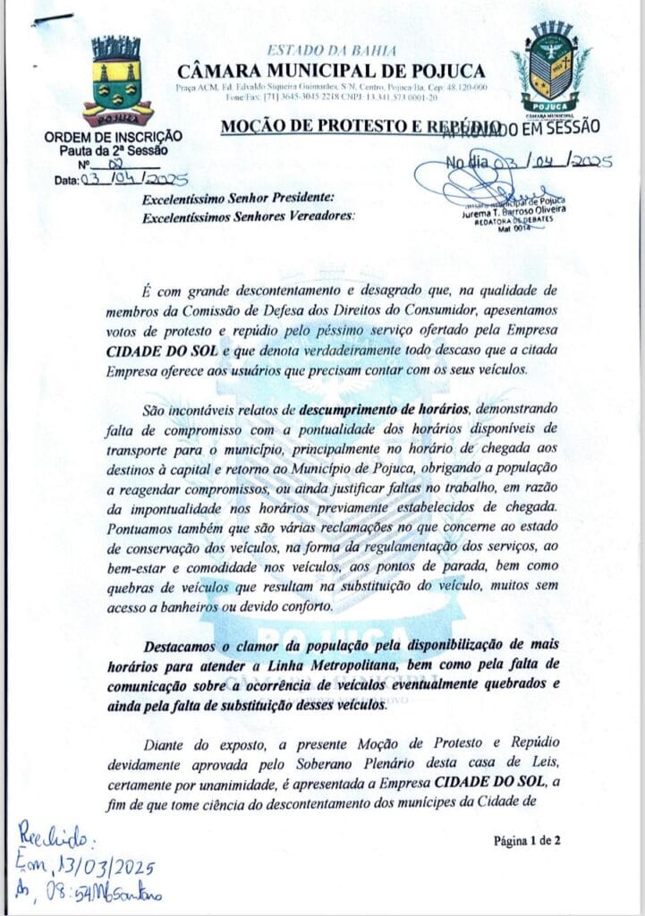 Vereadores de Pojuca protestam contra serviço da Empresa Cidade Sol.