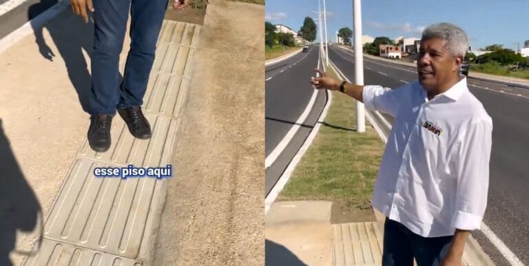 Governador da Bahia inaugura obra com piso para cegos que termina em poste
